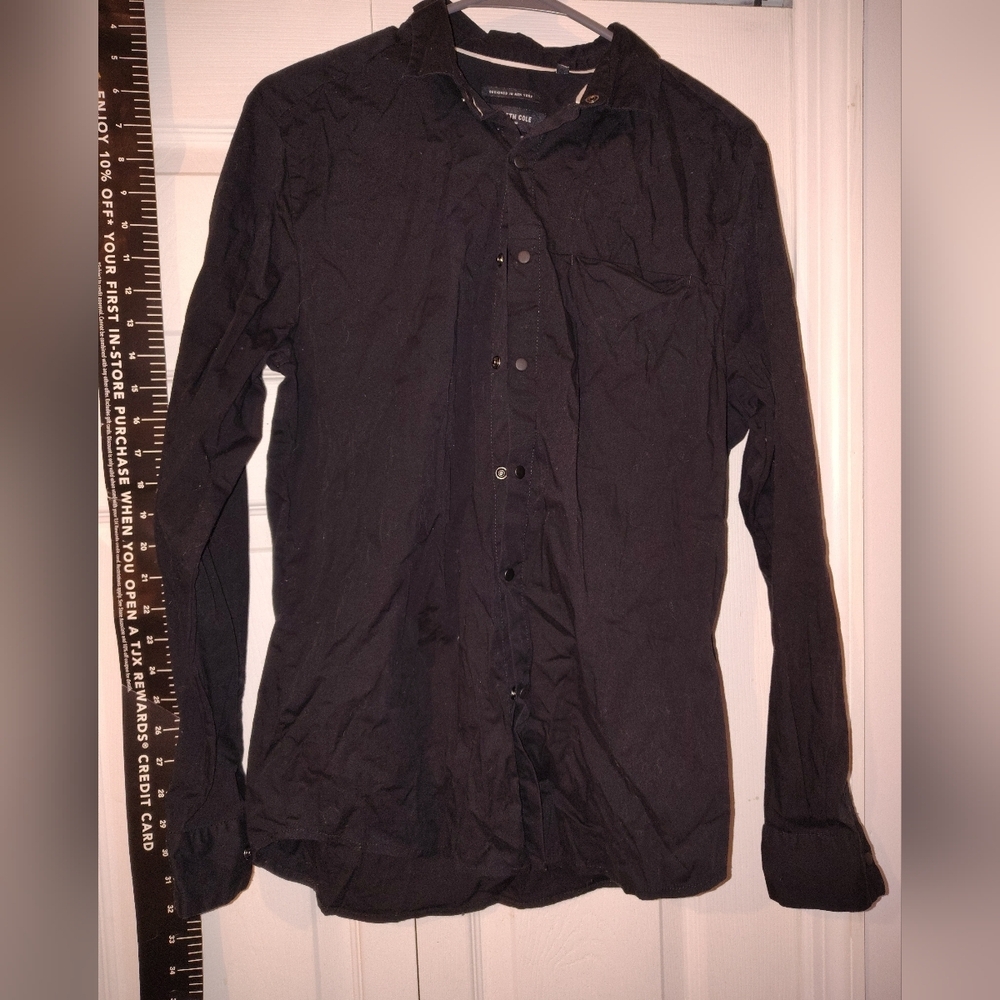 Kenneth Cole Men's Dark Button-Up Shirt Casual Black White Slim Fit Dress Shirt